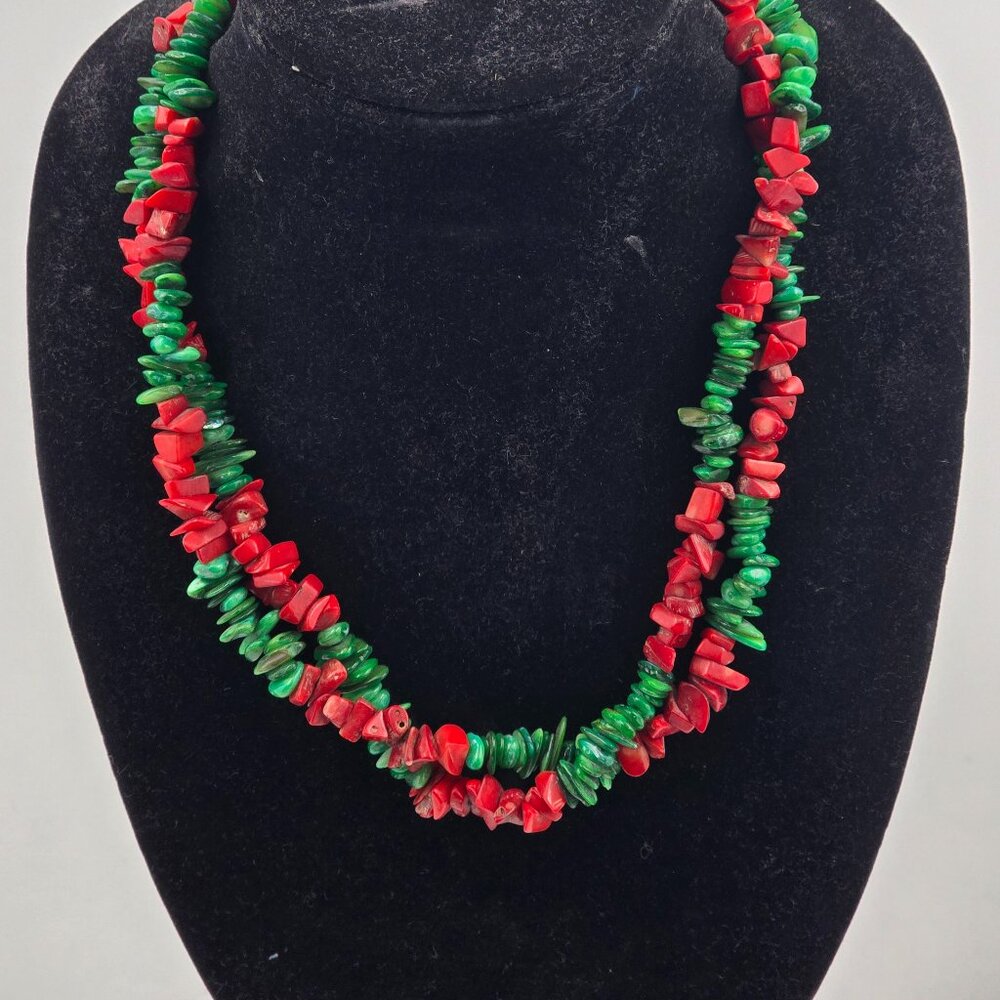 Antique Natural Rough Coral Green and Red Necklace